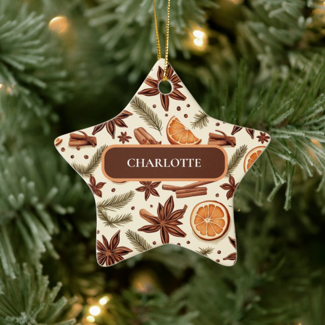 Custom Cozy Spice Pattern – Name Ceramic Ornament (Tree)