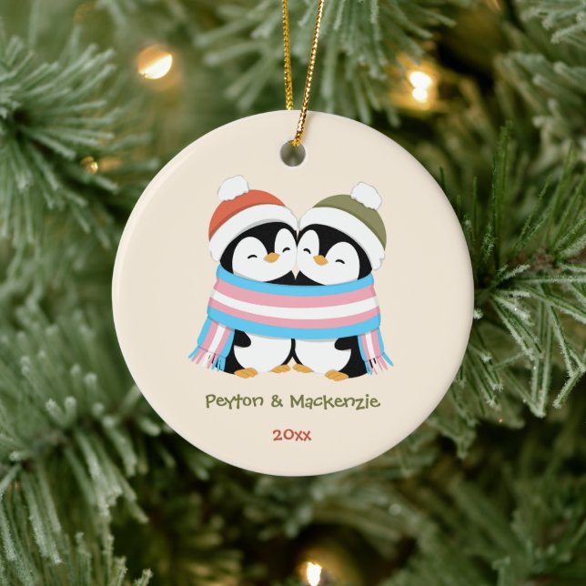 Custom Cozy Trans Penguins Christmas Ceramic Ornament (Tree)