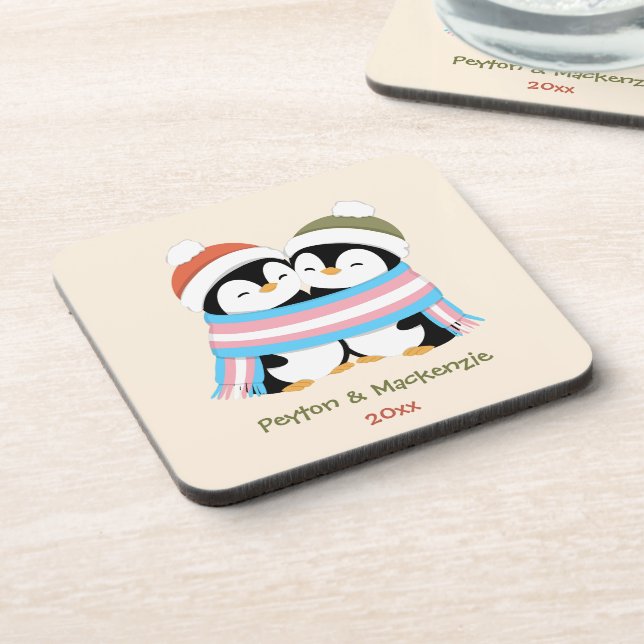 Custom Cozy Trans Penguins Christmas Coaster (Left Side)
