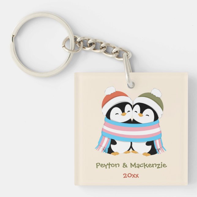 Custom Cozy Trans Penguins Christmas Keychain (Front)