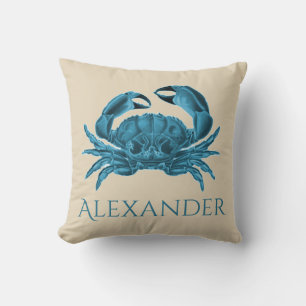 Custom Crab in Blue and Tan Throw Pillow