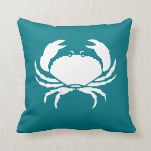 Custom CRAB WHITE on dark aqua teal blue Throw Pillow