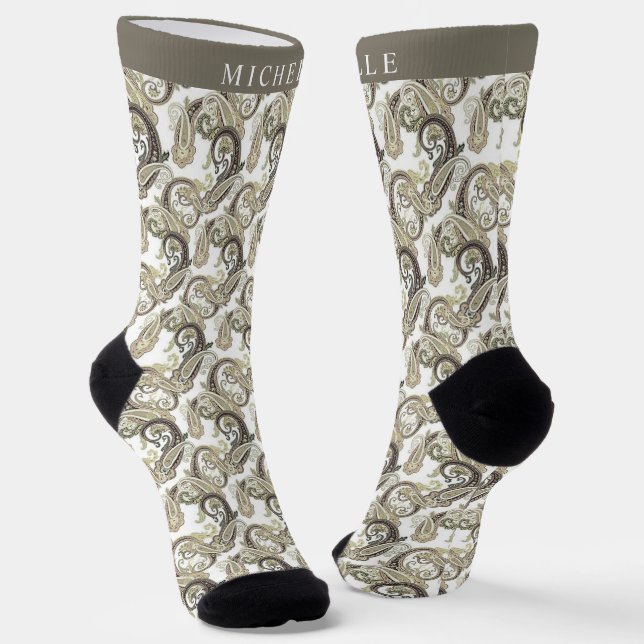 Custom Cream White Brown Black Paisley Pattern Socks (Angled)