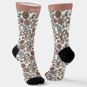 Custom Cream White Red Green Paisley Pattern Socks