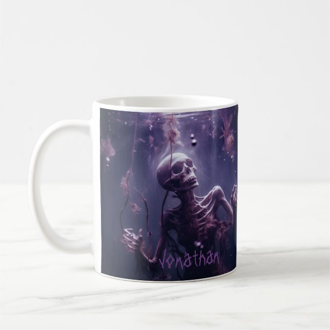 Custom Creepy Skeleton Horror Purple Halloween Coffee Mug (Left)