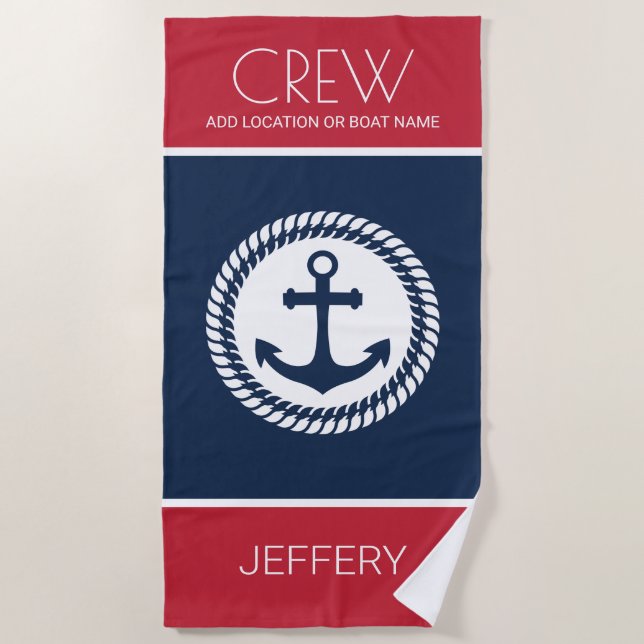 Custom Crew Captain Nautical Sailing Boat Anchor Beach Towel (Front)