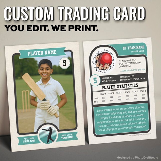 Custom Cricket Trading Card, Vintage Teal Player Calling Card (Custom Cricket Trading Card, Vintage Teal Player Card)