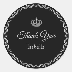 Custom Crown Logo Thank You on Grey & Black Classic Round Sticker