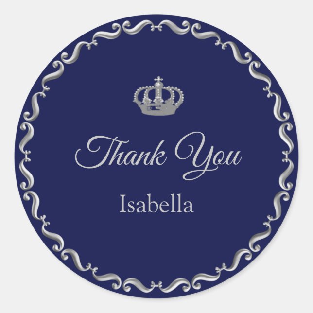 Custom Crown Logo Thank You on Grey & Navy Blue Classic Round Sticker (Front)