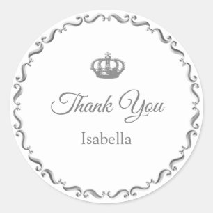 Custom Crown Logo Thank You on Silver Grey & White Classic Round Sticker