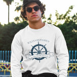 Custom Cruise Ship Nautical Wheel Long Sleeve T-Shirt<br><div class="desc">Chic custom summer vacation long sleeve t-shirts for your beach cruise on the ocean featuring a navy blue boat steering wheel. This nautical themed design is perfect for classy matching family reunion tees to commemorate the special trip. Personalize with your last name and year.</div>