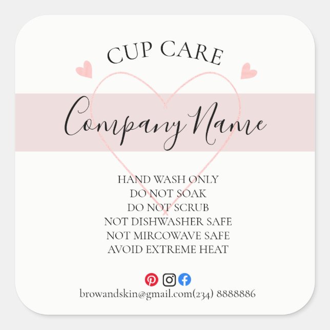 Custom Cup Care Instructions Label Small Business (Front)