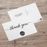 Custom Customer Appreciation Business template Postcard<br><div class="desc">Personalize this simple and easy to use thank you postcard template with your company's logo,  message,  name,  and return address. Let your clients,  customers,  patrons know you are grateful for their support during these uncertain times. Featuring a printed modern "thank you" script with long-tailed embellishments.</div>