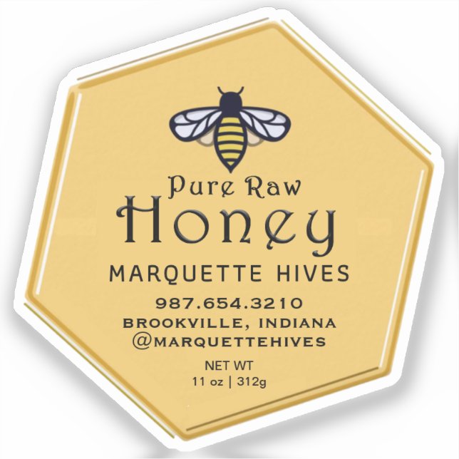 Custom-Cut Yellow Vinyl Hexagon Shaped Honey Label (Front)