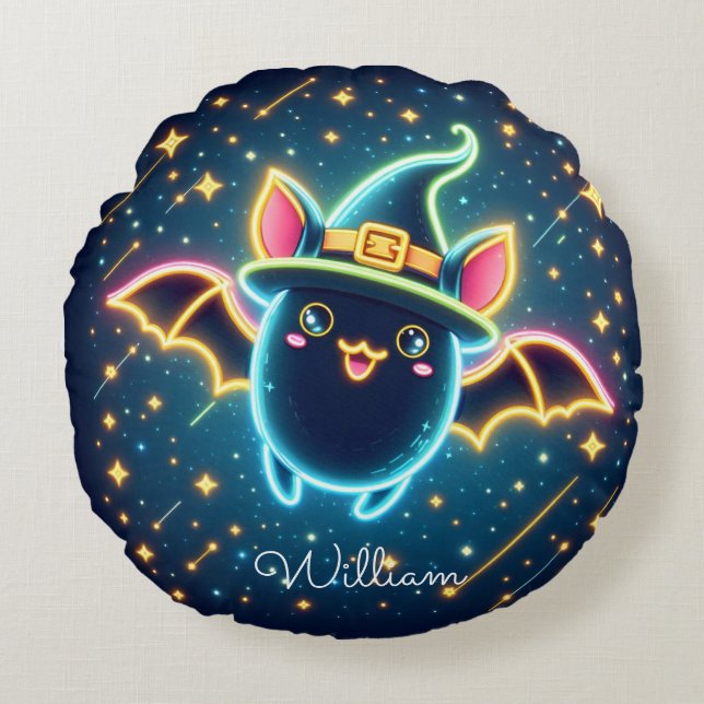 Custom Cute Bat Witch's Hat Halloween Nursery Round Pillow (Front)