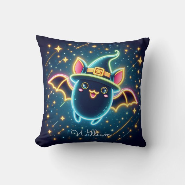 Custom Cute Bat Witch's Hat Halloween Nursery Throw Pillow (Front)