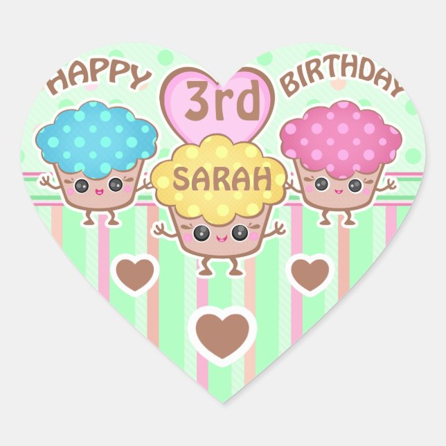 Custom Cute Birthday Girl Kawaii Cupcakes Stickers (Front)