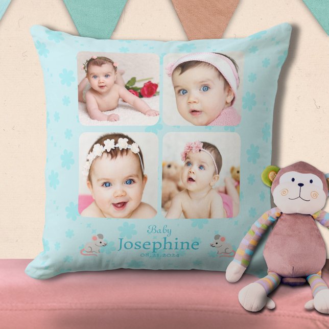Custom Cute Blue Baby Name Photo  Throw Pillow (Creator Uploaded)