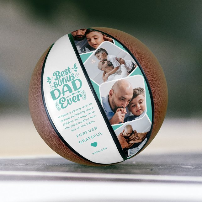 Custom Cute Bonus Dad 4 Photo & Quote Father Gift Basketball (Creator Uploaded)