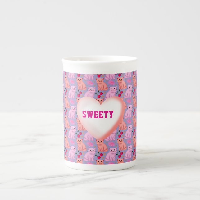 Custom Cute Cat Cherry Floral Pattern Bone China Mug (Front)
