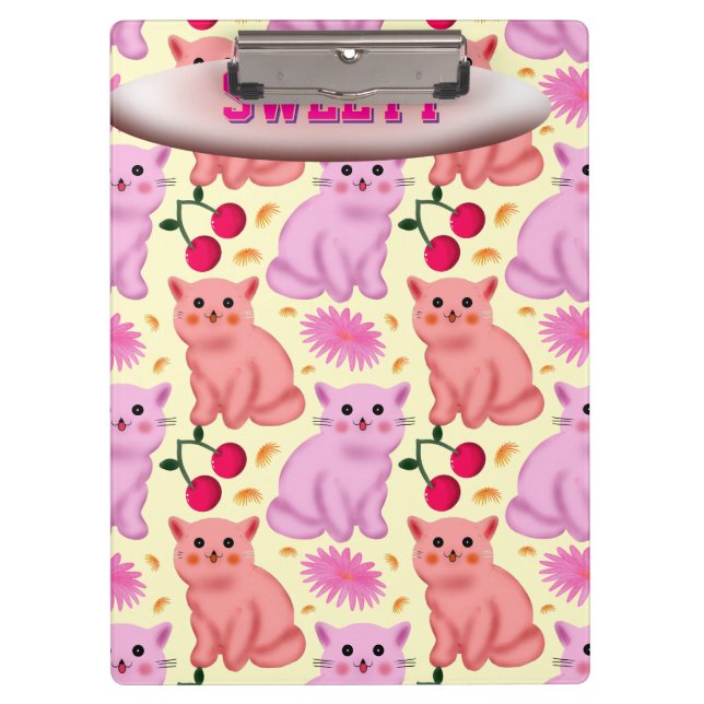 Custom Cute Cat Cherry Floral Pattern Clipboard (Front)