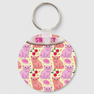 Custom Cute Cat Cherry Floral Pattern Keychain