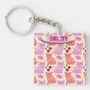 Custom Cute Cat Cherry Floral Pattern Keychain