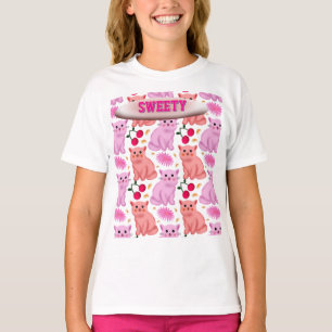 Custom Cute Cat Cherry Floral Pattern T-Shirt
