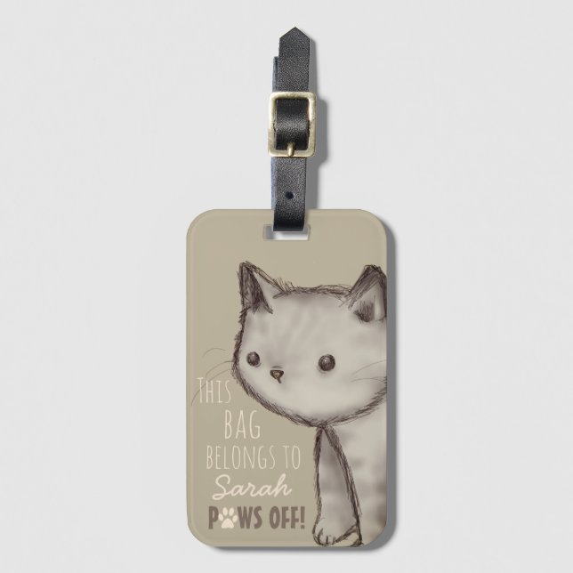 Custom Cute Cat Illustration Paws Off Luggage Tag (Front Vertical)