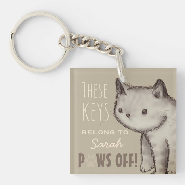 Custom Cute Cat Illustration Paws Off Personalised Keychain (Front)