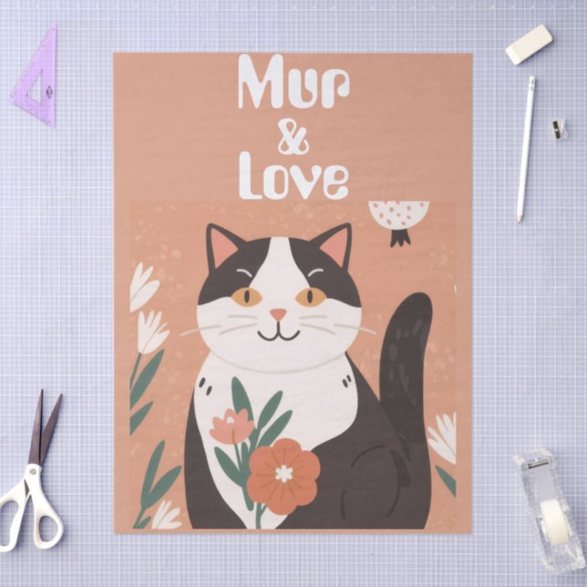 Custom Cute Cat with Mur and Love Decoupage Tissue Paper (Craft)