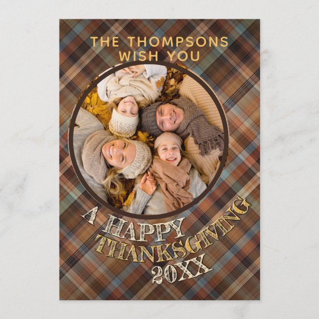 Custom Cute Cheerful Thanksgiving Plaid Pattern Holiday Card (Front)