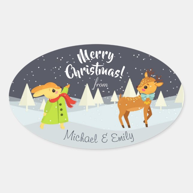 Custom Cute Christmas Bunny and Deer Illustration Oval Sticker (Front)