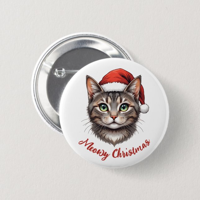Custom Cute Christmas Cat with Santa Hat 2 Inch Round Button (Front & Back)