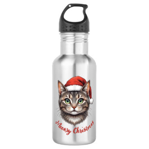 Custom Cute Christmas Cat with Santa Hat 532 Ml Water Bottle