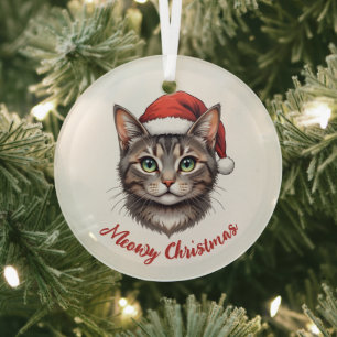 Custom Cute Christmas Cat with Santa Hat Glass Ornament