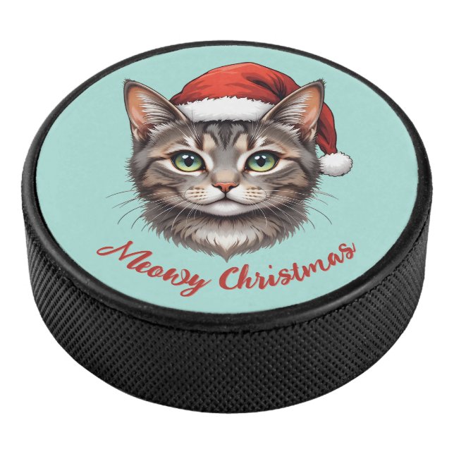 Custom Cute Christmas Cat with Santa Hat Hockey Puck (3/4)