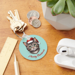 Custom Cute Christmas Cat with Santa Hat Keychain