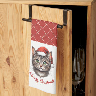 Custom Cute Christmas Cat with Santa Hat Kitchen Towel
