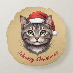 Custom Cute Christmas Cat with Santa Hat Round Pillow