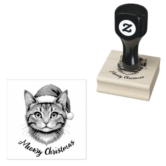 Custom Cute Christmas Cat with Santa Hat Rubber Stamp (Stamped)