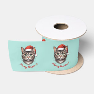Custom Cute Christmas Cat with Santa Hat Satin Ribbon
