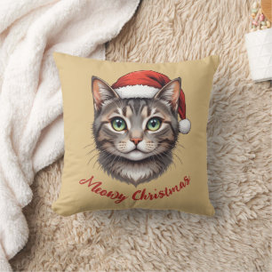 Custom Cute Christmas Cat with Santa Hat Throw Pillow