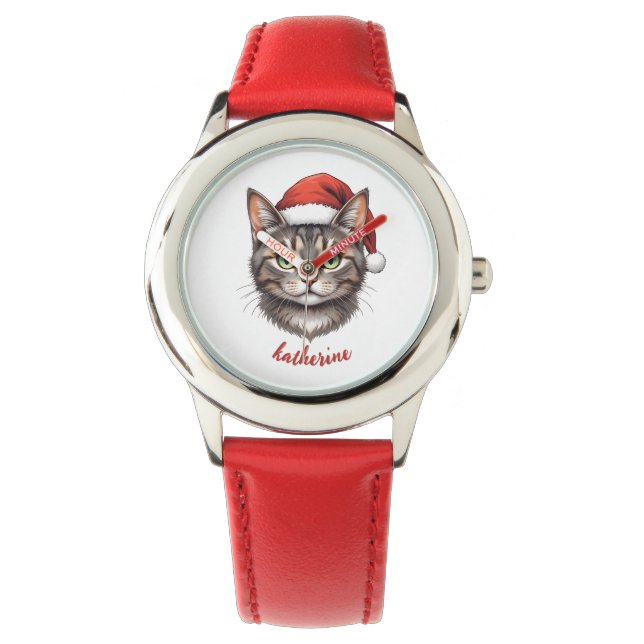 Custom Cute Christmas Cat with Santa Hat Watch (Front)