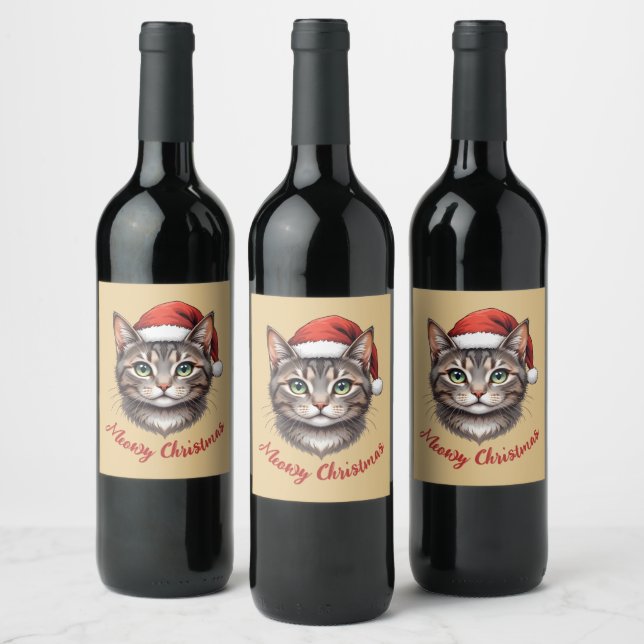 Custom Cute Christmas Cat with Santa Hat Wine Label (Bottles)