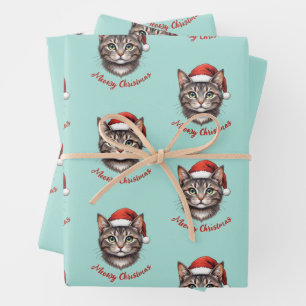 Custom Cute Christmas Cat with Santa Hat Wrapping Paper Sheet