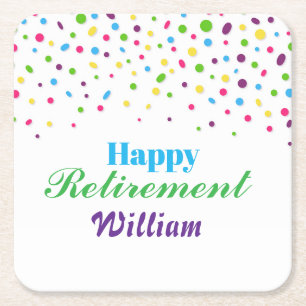 Custom Cute Colourful confetti Happy Retirement Square Paper Coaster