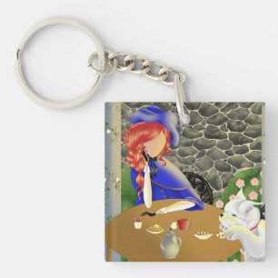 Custom Cute Dog & Lady in Sunset Cafe Keychain