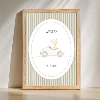Custom Cute Duck Race Car Nursery Name Date Poster