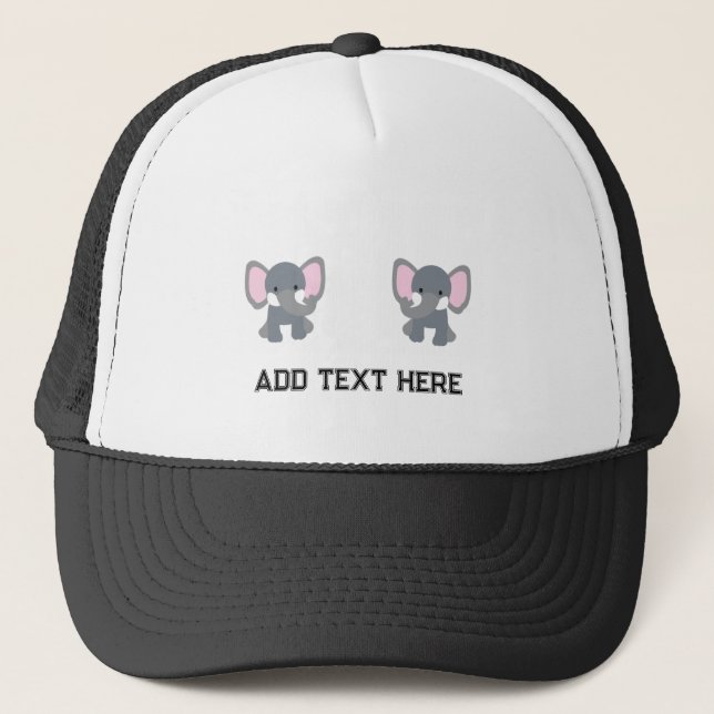 Custom Cute Elephant image with Text Black White Trucker Hat (Front)